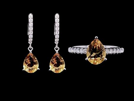 Teardrop Yellow Citrine Gemstones Dangling Diamond Jewelry Set 14kt Sale