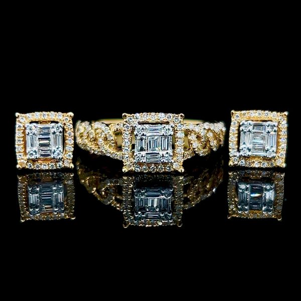 NEW Golden Classic Square Edged Diamond Jewelry Set 14kt Sale