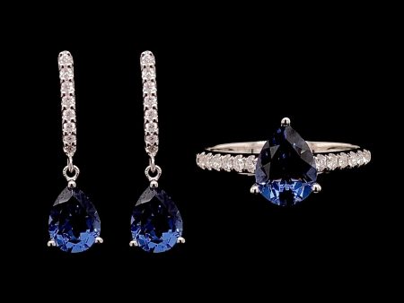 Teardrop Blue Sapphire Gemstones Dangling Diamond Jewelry Set 14kt For Cheap