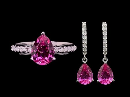 Teardrop Pink Ruby Gemstones Dangling Diamond Jewelry Set 14kt Online Sale