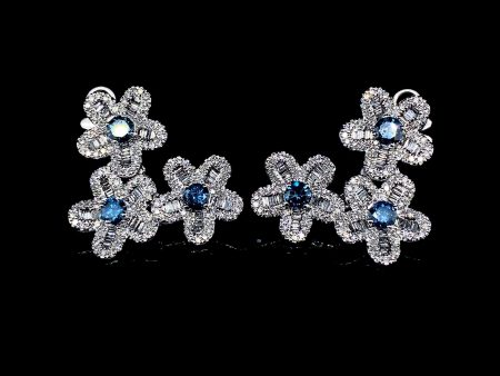 Triple Floral Blue Statement Colored Diamond Earrings 14kt For Cheap