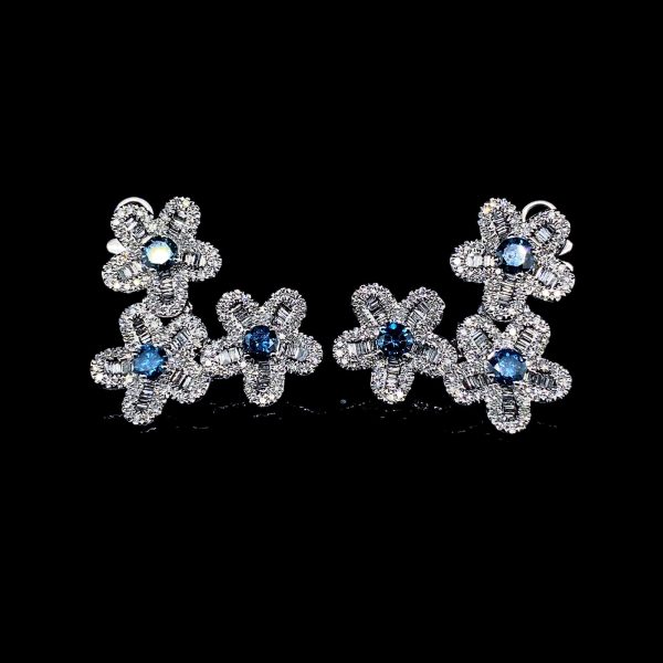 Triple Floral Blue Statement Colored Diamond Earrings 14kt For Cheap