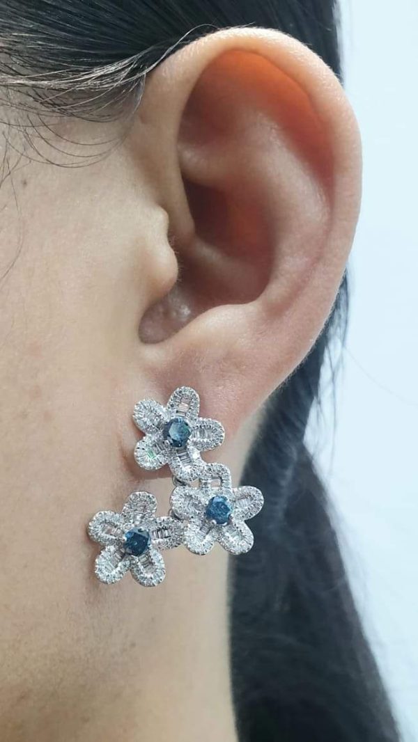 Triple Floral Blue Statement Colored Diamond Earrings 14kt For Cheap