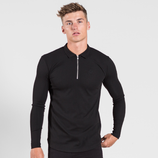 Gatten Long Sleeve Polo Shirt - Black Hot on Sale