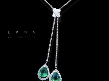 LVNA Signatures™️Twin Teardrop Colombian Emerald Drop Gemstones Diamond Necklace 14kt Fashion