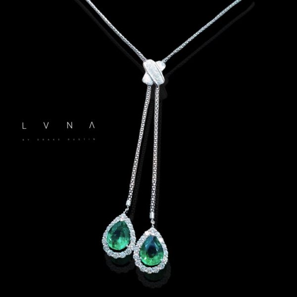 LVNA Signatures™️Twin Teardrop Colombian Emerald Drop Gemstones Diamond Necklace 14kt Fashion