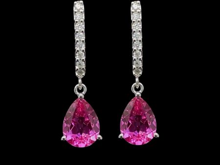 Teardrop Pink Ruby Gemstones Dangling Diamond Earrings 14kt For Sale