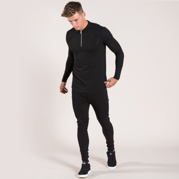 Gatten Long Sleeve Polo Shirt - Black Hot on Sale