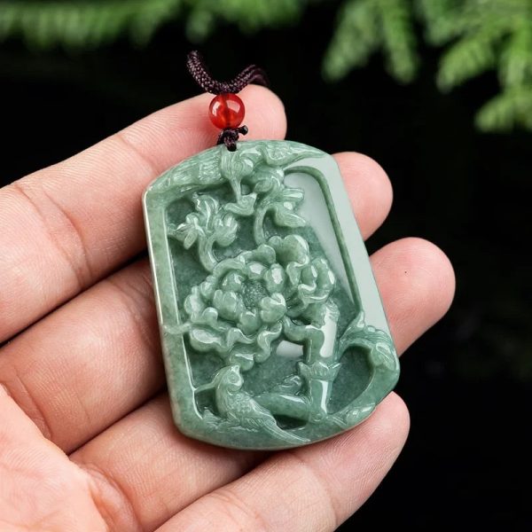 THE VAULT | Natural Magpie Peony Flower Hand Carved Jadeite Necklace on Sale