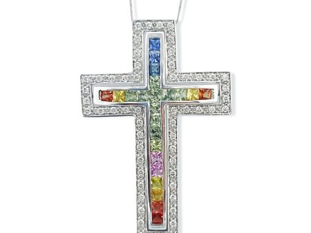 Unisex Rainbow Cross Sapphire Gemstones Diamond Necklace 14kt Sale