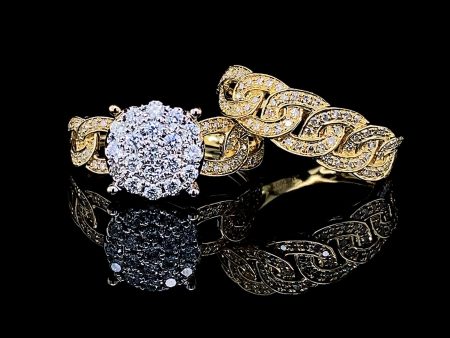 PREORDER | Golden Round Chain Paved Band Twin Pair Diamond Ring 14kt Online Hot Sale