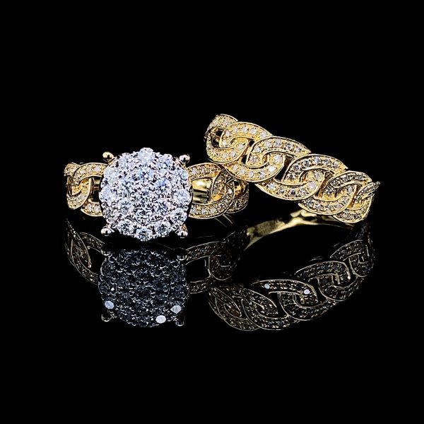 PREORDER | Golden Round Chain Paved Band Twin Pair Diamond Ring 14kt Online Hot Sale