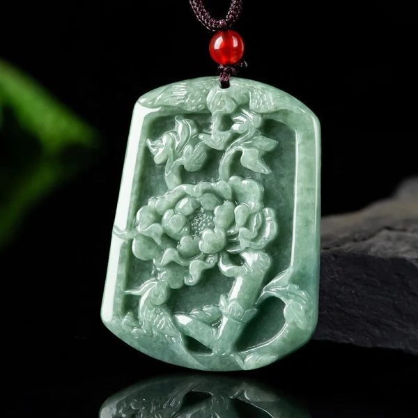 THE VAULT | Natural Magpie Peony Flower Hand Carved Jadeite Necklace on Sale