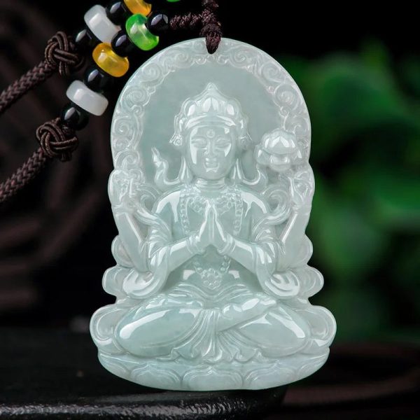 THE VAULT | Natural Myanmar Goddess of Mercy Hand Carved Jadeite Necklace For Sale