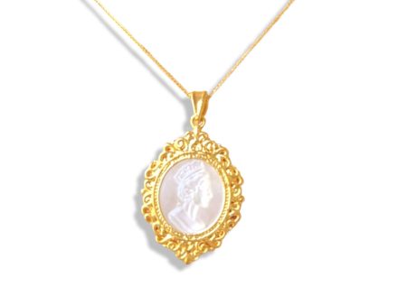 #GOLD2024 | 18K Golden Mother of Pearl Cameo Necklace Foxtail Chain Hot on Sale