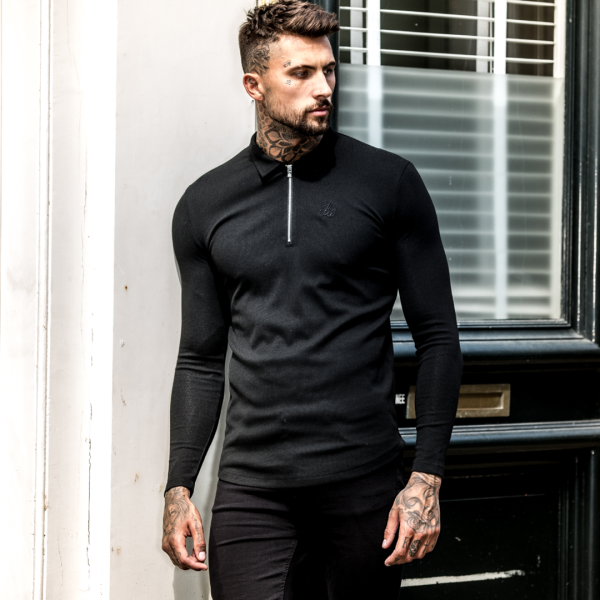 Gatten Long Sleeve Polo Shirt - Black Hot on Sale