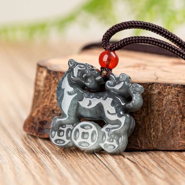 The Vault | Genuine Natural Black Jadeite Tiger Hand Carved Necklace on Sale